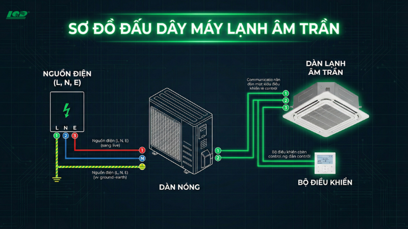 Quy trình 4 bước thực hiện theo sơ đồ đấu dây máy lạnh âm trần