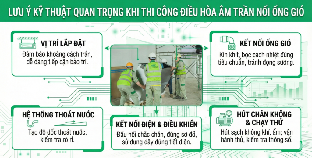 lưu ý kỹ thuật quan trọng khi thi công điều hòa âm trần nối ống gió lâm quang đại