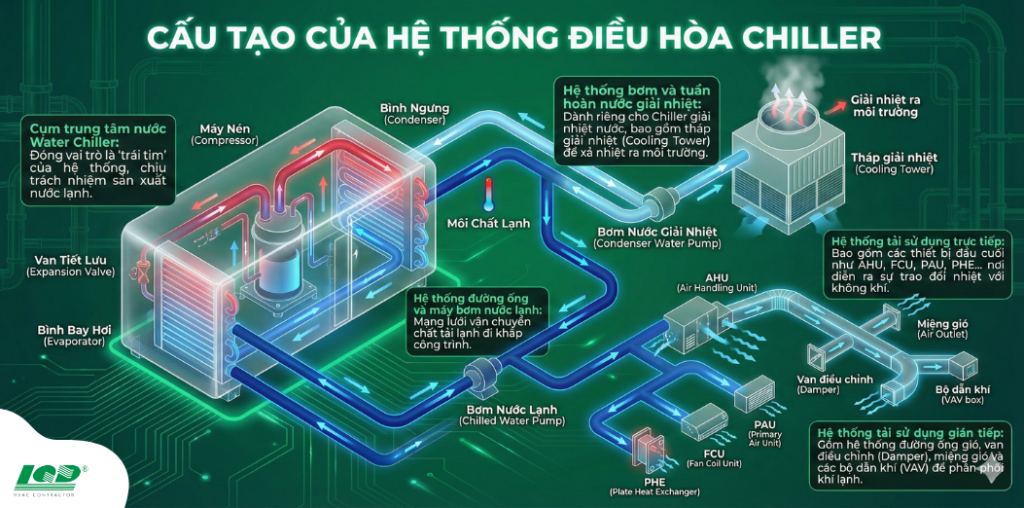Cấu tạo của hệ thống điều hòa Chiller