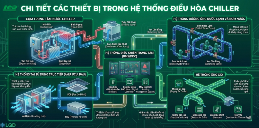 Chi tiết các thiết bị trong hệ thống điều hòa Chiller