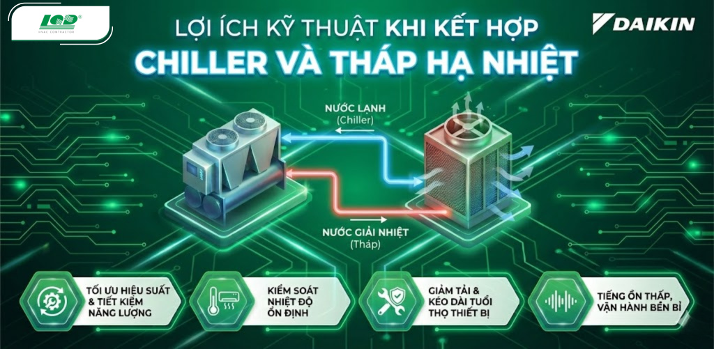 Lợi ích kỹ thuật khi kết hợp chiller và tháp hạ nhiệt