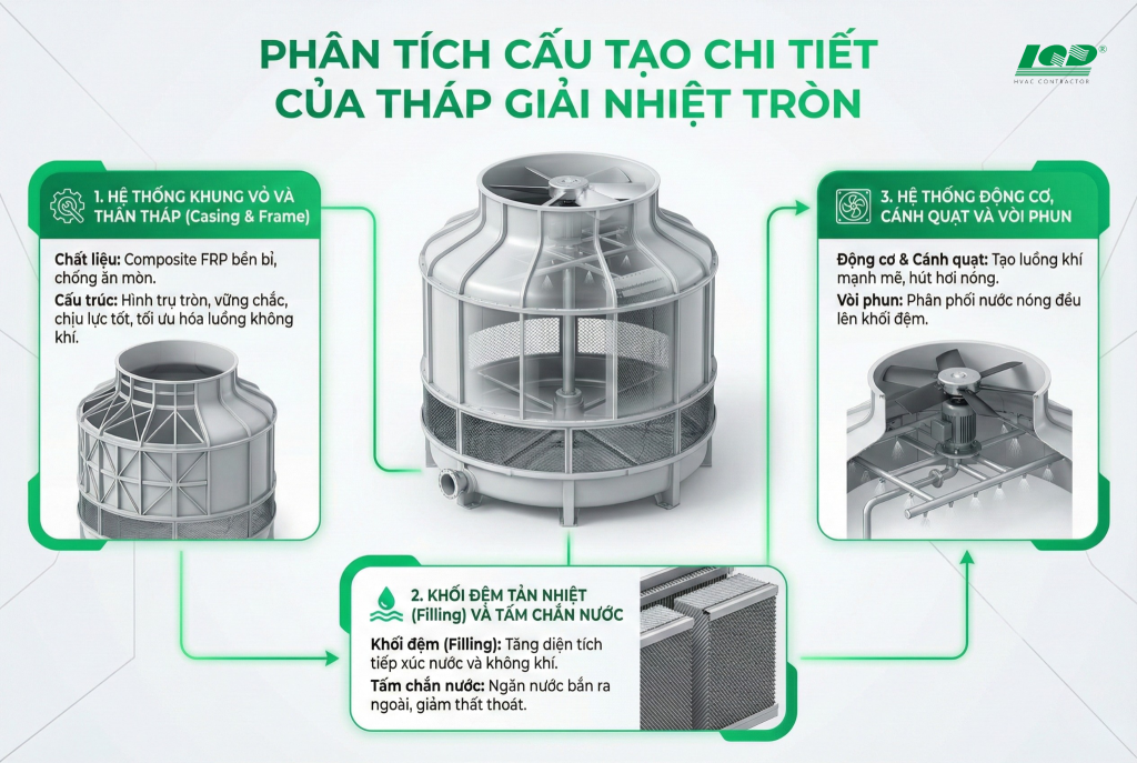 Phân tích cấu tạo chi tiết của tháp giải nhiệt tròn