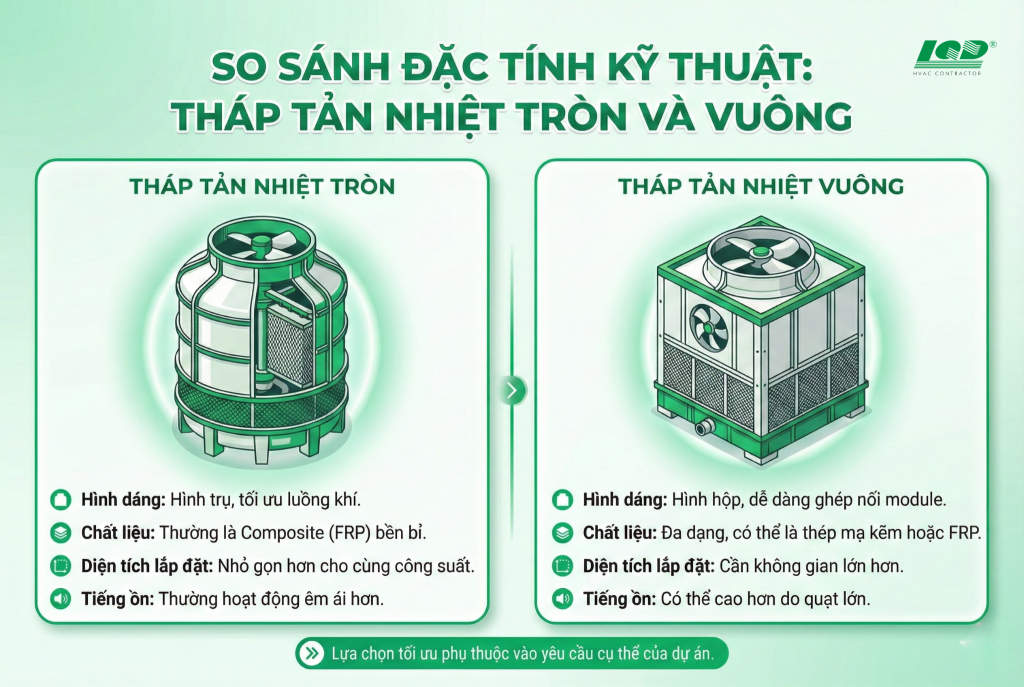 So sánh đặc tính kỹ thuật_ Tháp tản nhiệt tròn và vuông