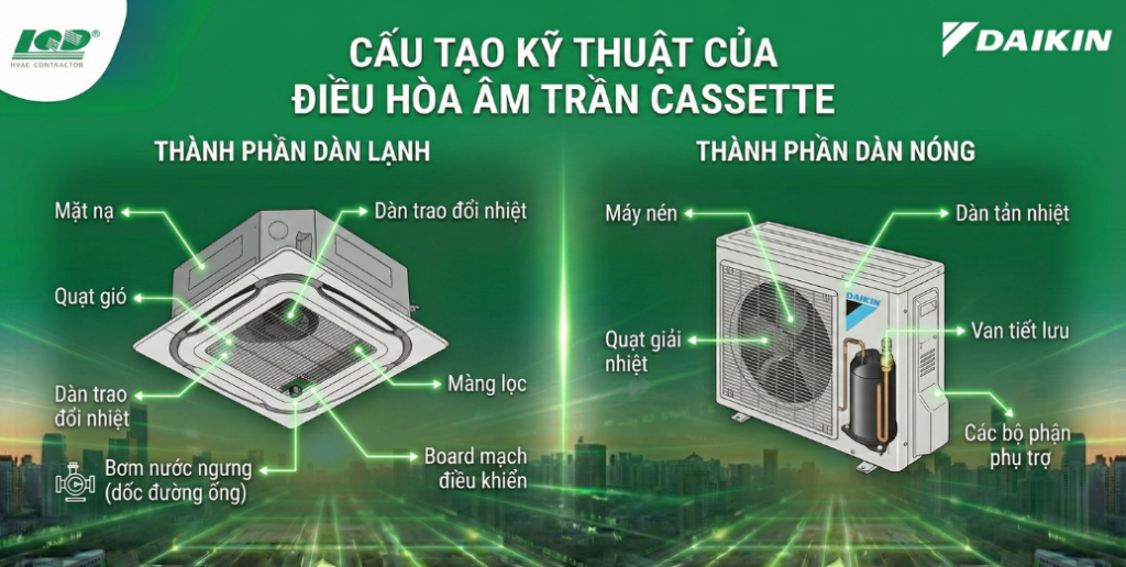 cấu tạo kỹ thuật của hệ thống điều hòa âm trần Cassette