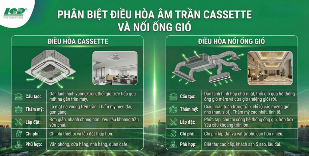 phân biệt điều hòa âm trần Cassette và âm trần nối ống gió