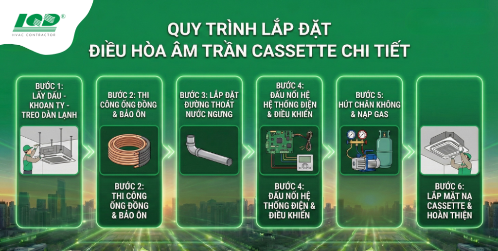 quy trình lắp đặt điều hòa âm trần Cassette chi tiết