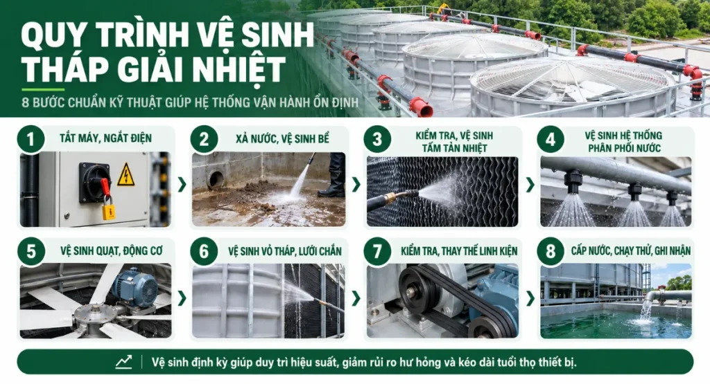 Quy trình vệ sinh tháp giải nhiệt 8 bước chuẩn kỹ thuật