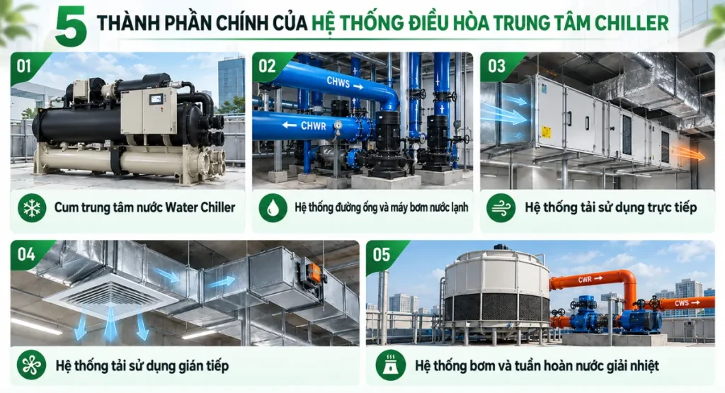 Thành phần chính của hệ thống điều hòa trung tâm Chiller